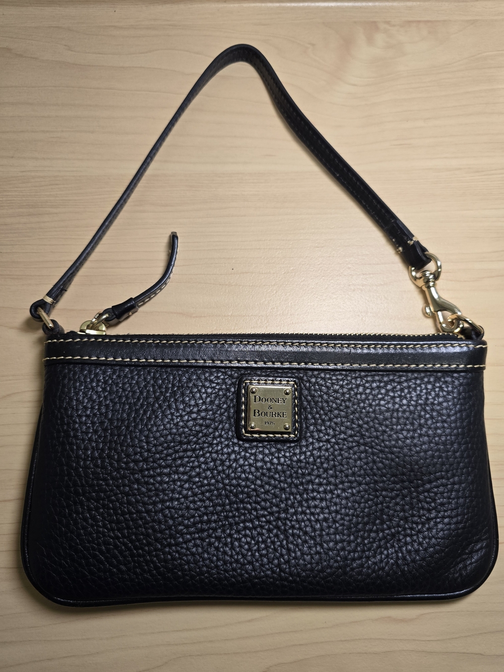 DOONEY & BOURKE Black Pebbled Leather Wristlet Pouch Small Purse Gold Accent